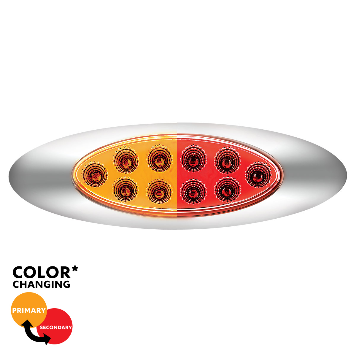10 LED Oval Double Fury Light With Clear Lens & Chrome Bezel (Clearance/Marker) - Amber & Red LED/Clear Lens - Thumbnail 13