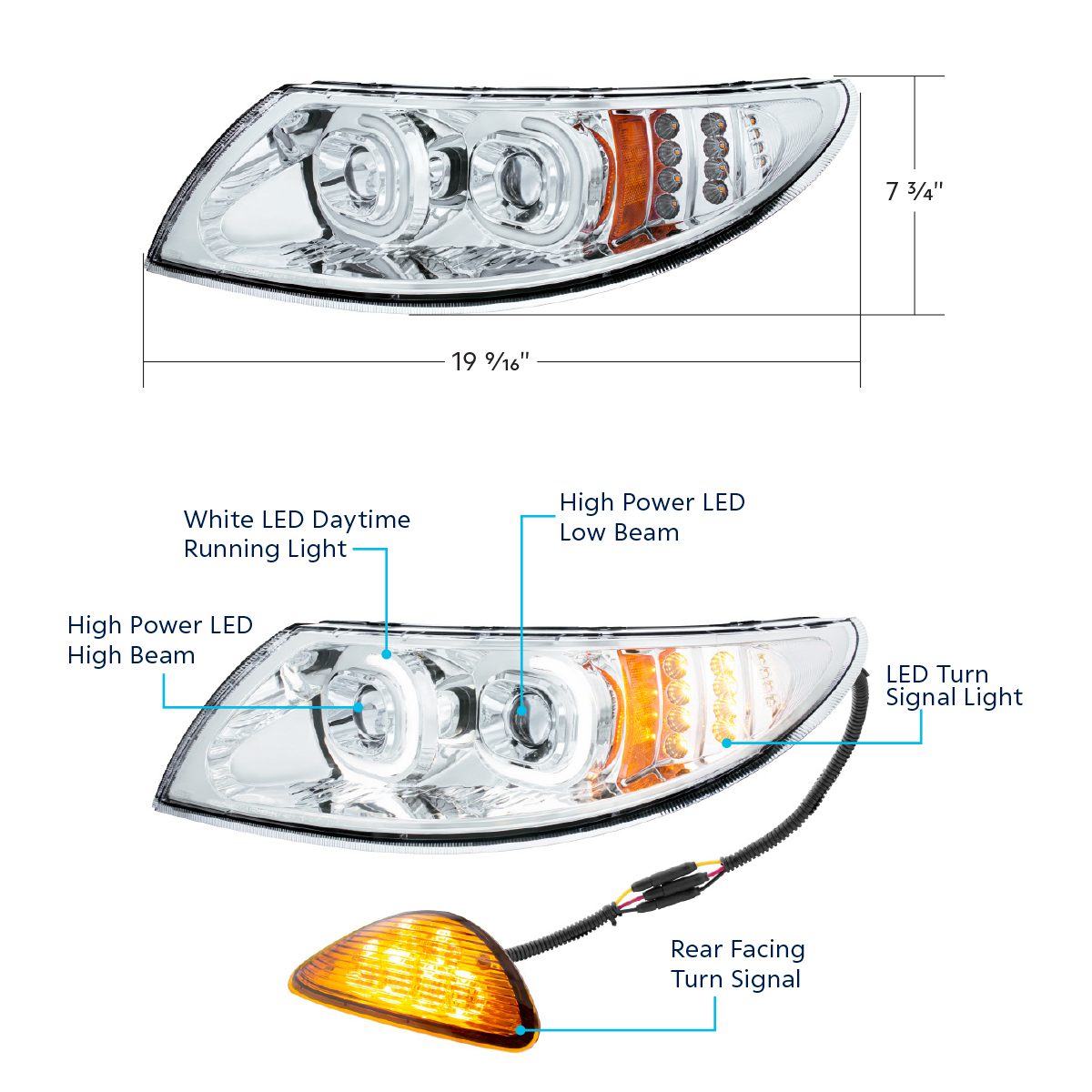 Chrome LED Projector Headlight With Rear Facing Turn Signal For International Durastar 2002-2018 - Driver - Thumbnail 6