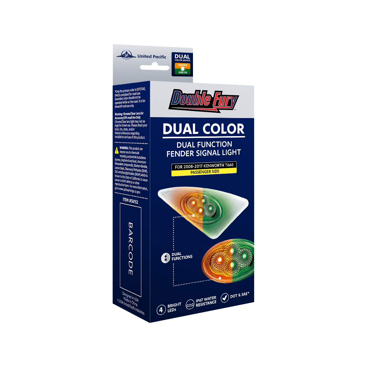 Double Fury 4 LED Fender Signal Light For 2008-2017 Kenworth T660-Amber & Green LED, Passenger - Thumbnail 18