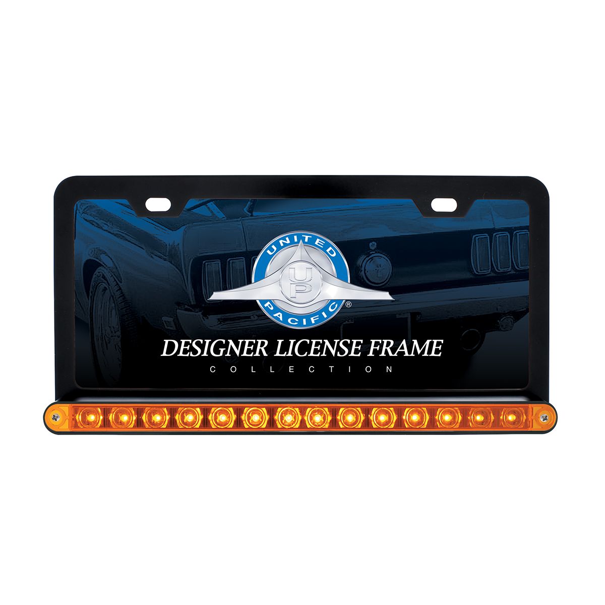 Black License Plate Frame With 14 LED 12" Light Bar - Amber LED/Amber Lens