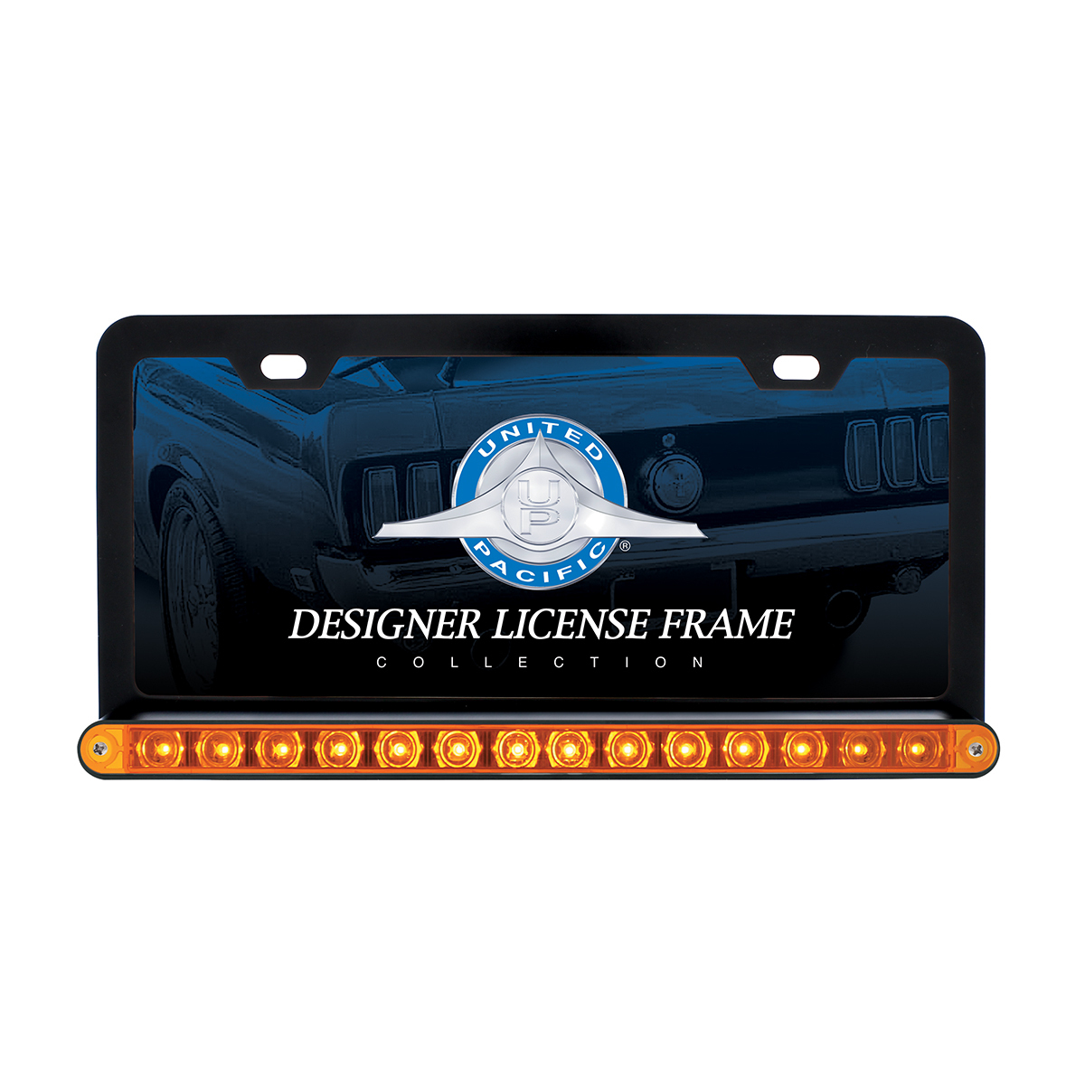 Black License Plate Frame With 14 LED 12" Light Bar - Amber LED/Amber Lens - Thumbnail 3