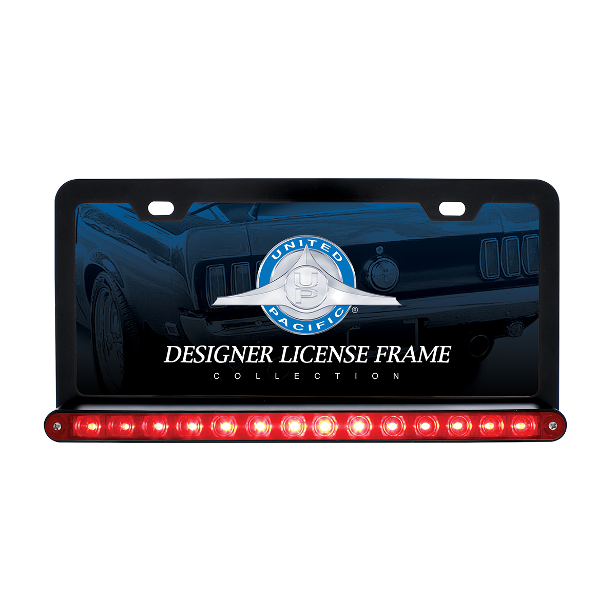 Black License Plate Frame With 14 LED 12" Light Bar - Red LED/Red Lens - Thumbnail 3