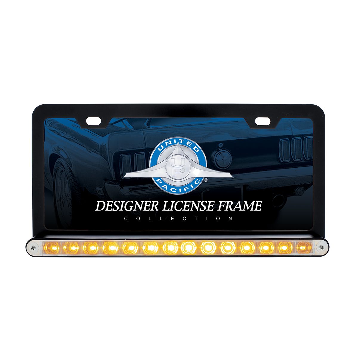 Black License Plate Frame With 14 LED 12" Light Bar - Amber LED/Clear Lens