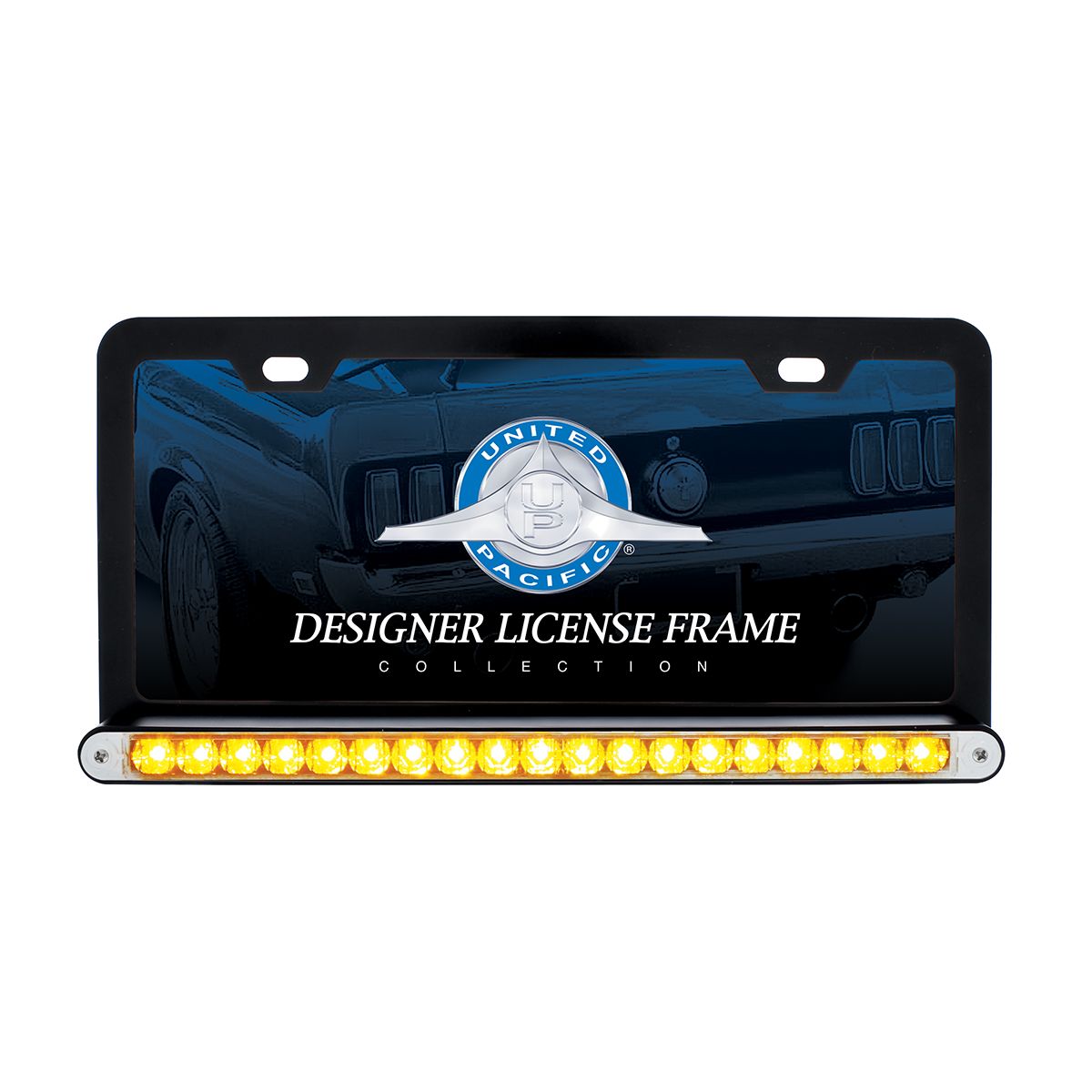 Black License Plate Frame With 19 LED 12" Reflector Light Bar - Amber LED/Clear Lens