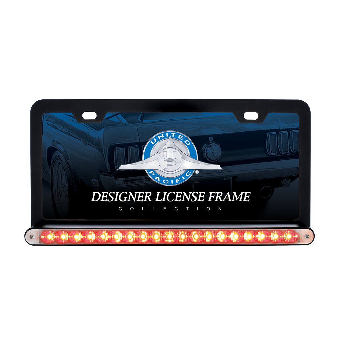 Black License Plate Frame With 19 LED 12" Reflector Light Bar - Red LED/Clear Lens