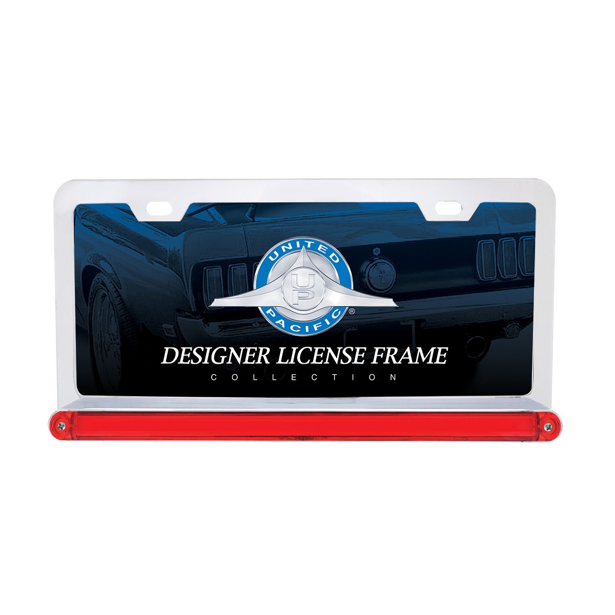 Chrome License Plate Frame With 24 LED 12" GloLight Bar - Red LED/Red Lens