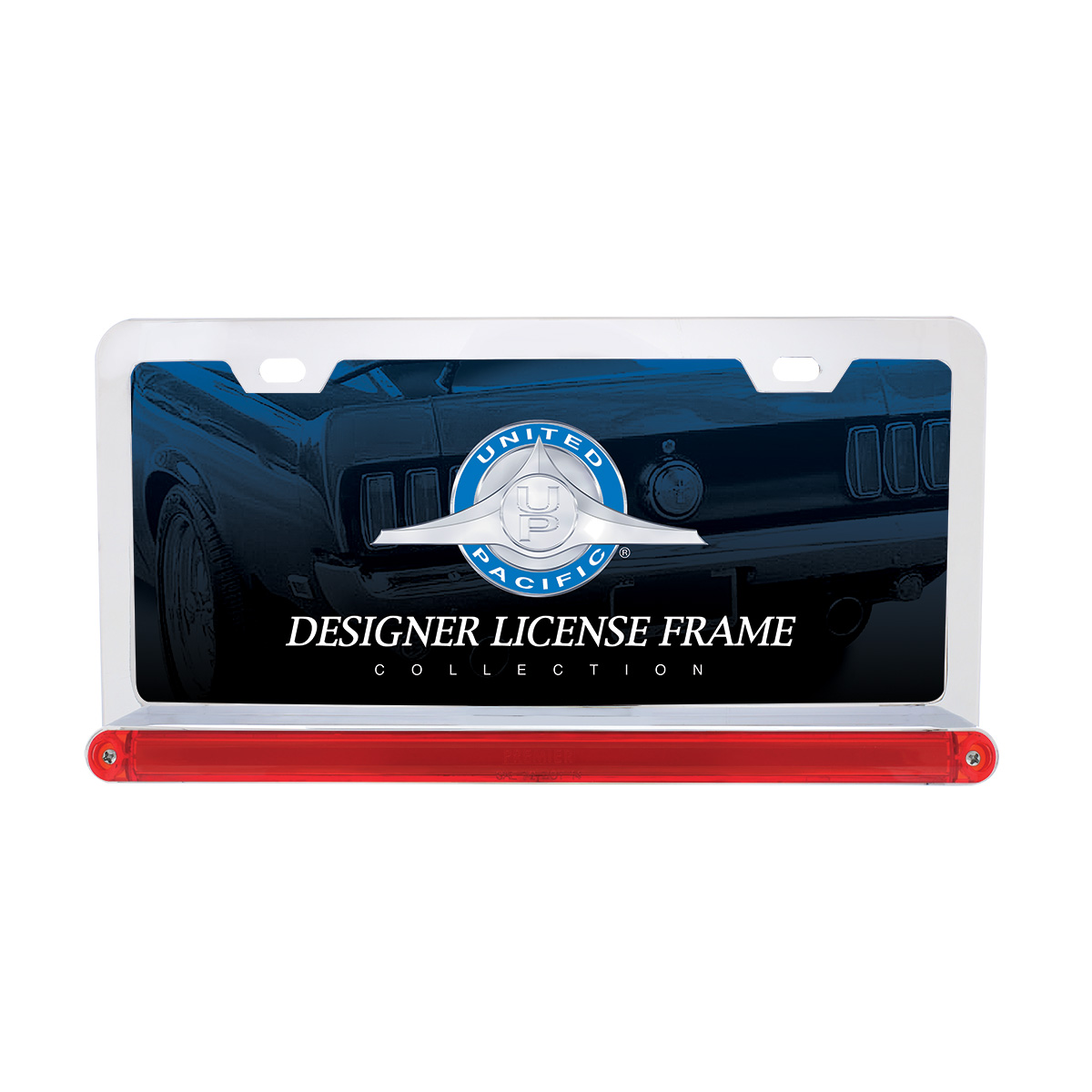 Chrome License Plate Frame With 24 LED 12" GloLight Bar - Red LED/Red Lens - Thumbnail 2