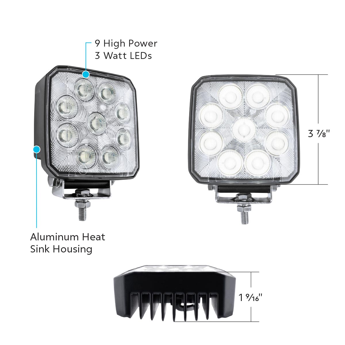 9 LED High Power 3-7/8" Square Work Light-Flood - Thumbnail 9