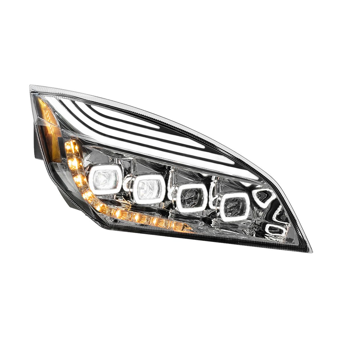 Chrome Quad-LED Headlight With LED DRL & Seq. Signal For 2018-2024 Freightliner Cascadia - Passenger