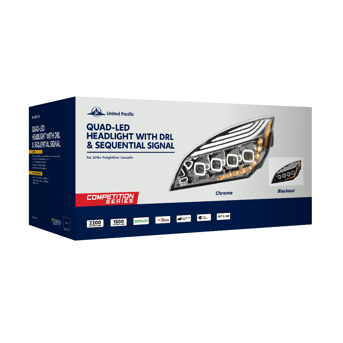 Chrome Quad-LED Headlight With LED DRL & Seq. Signal For 2018-2024 Freightliner Cascadia - Passenger - Thumbnail 7