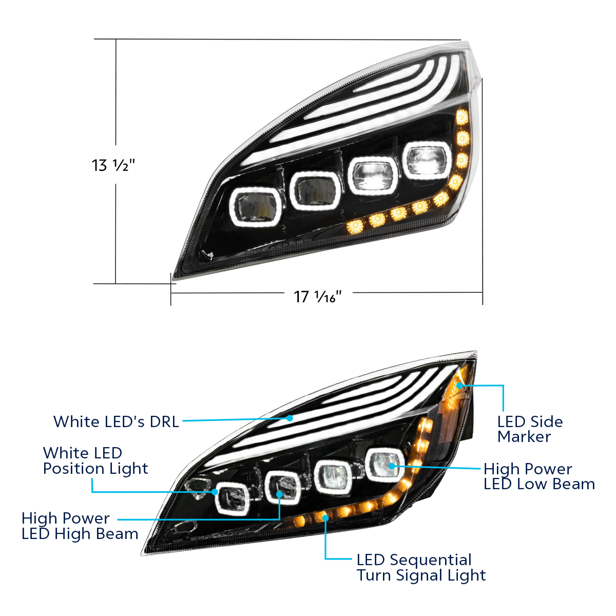 Black Quad-LED Headlight With LED DRL & Seq. Signal For 2018-2024 Freightliner Cascadia - Driver - Thumbnail 7