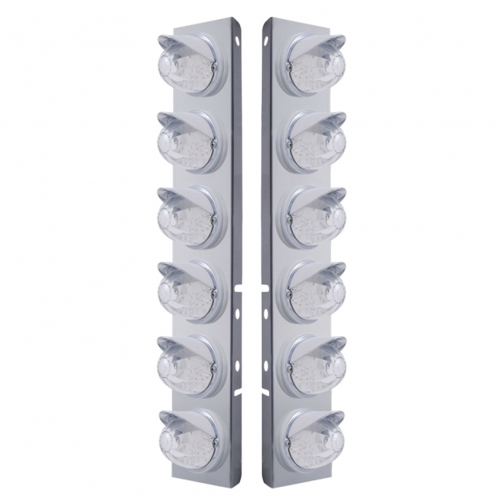 SS Front Air Cleaner Brkt With 12X 17 Amber LED Dual Function Watermelon Lights & Visors For Peterbilt-Clear Lens