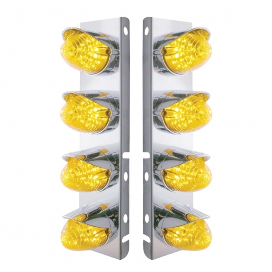 SS Front Air Cleaner Bracket With 8X 19 LED Beehive Lights & Visors For Peterbilt-Amber LED & Lens