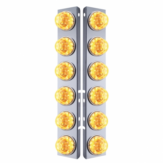 SS Front Air Cleaner Bracket W/12X 17 Amber LED Refl. Watermelon Lights & SS Bezels For Peterbilt-Clear Lens (Pair)