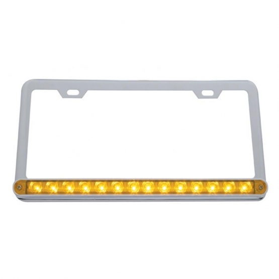 Chrome License Plate Frame With 14 LED 12" Light Bar - Amber LED/Amber Lens