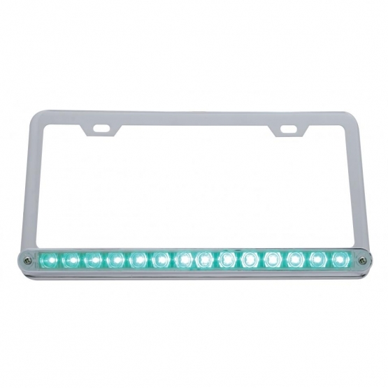 Chrome License Plate Frame With 14 LED 12" Light Bar - Green LED/Clear Lens