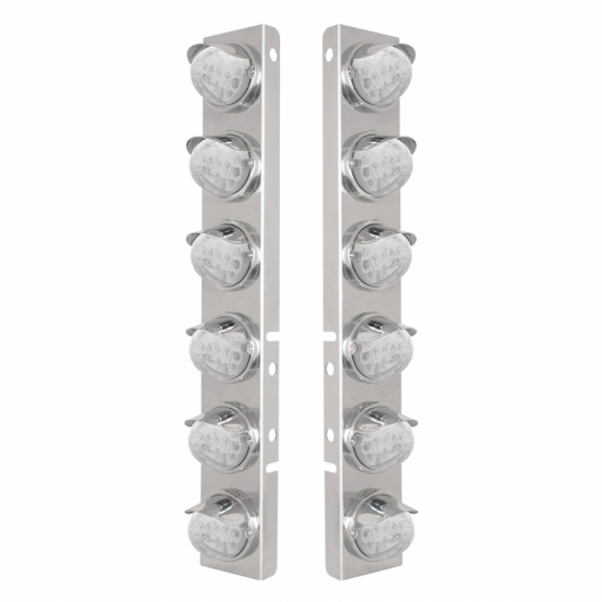 SS Front Air Cleaner Bracket With 12X 17 Amber LED Reflector Watermelon Lights & SS Visors For Peterbilt-Clear Lens