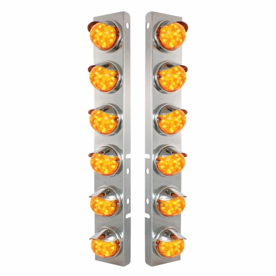 SS Front Air Cleaner Brkt With 12X 17 Amber LED Dual Func. Watermelon Lights & SS Visors For Peterbilt-Amber Lens