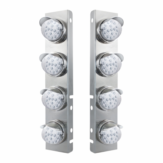 SS Front Air Cleaner Bracket With 8X 17 Amber LED Reflector Lights & SS Visors For Peterbilt-Clear Lens