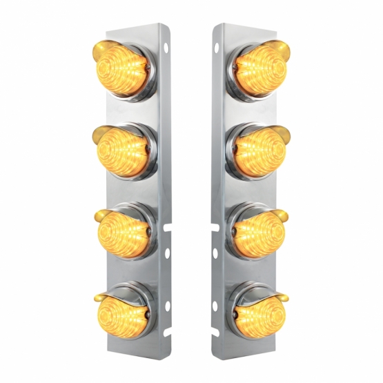 SS Front Air Cleaner Bracket With 8X 17 Amber LED Beehive Lights & SS Visors For Peterbilt -Clear Lens