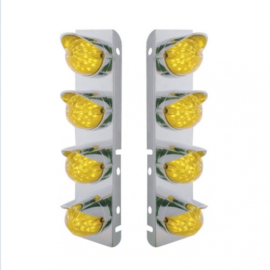 SS Front Air Cleaner Bracket With 8X 17 Amber LED Watermelon Lights & SS Visors For Peterbilt-Amber Lens