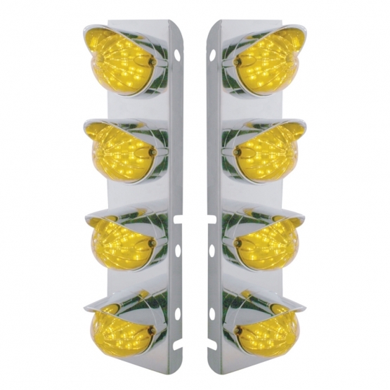 SS Front Air Cleaner Bracket With 8X 17 Amber LED Dual Function Reflector Lights & SS Visors For Peterbilt-Amber Lens