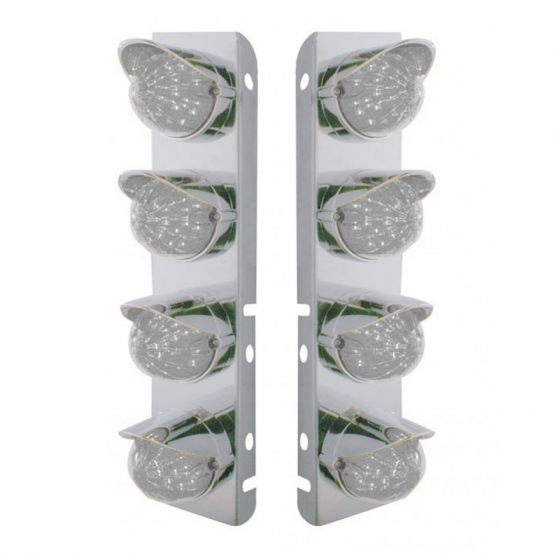 SS Front Air Cleaner Bracket With 8X 17 Amber LED Hi/Lo Watermelon Lights & SS Visors For Peterbilt-Clear Lens