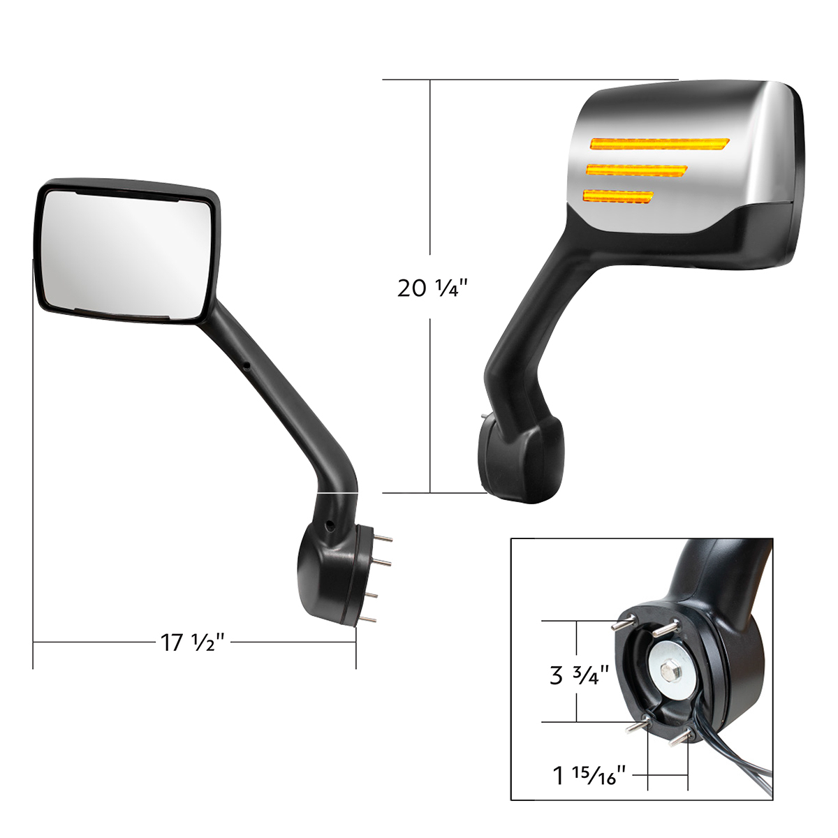 Chrome Hood Mirror Assembly W/ Sequential LED Turn Signal For 2013-2021 Kenworth T680 & Peterbilt 579 - Driver - Thumbnail 6