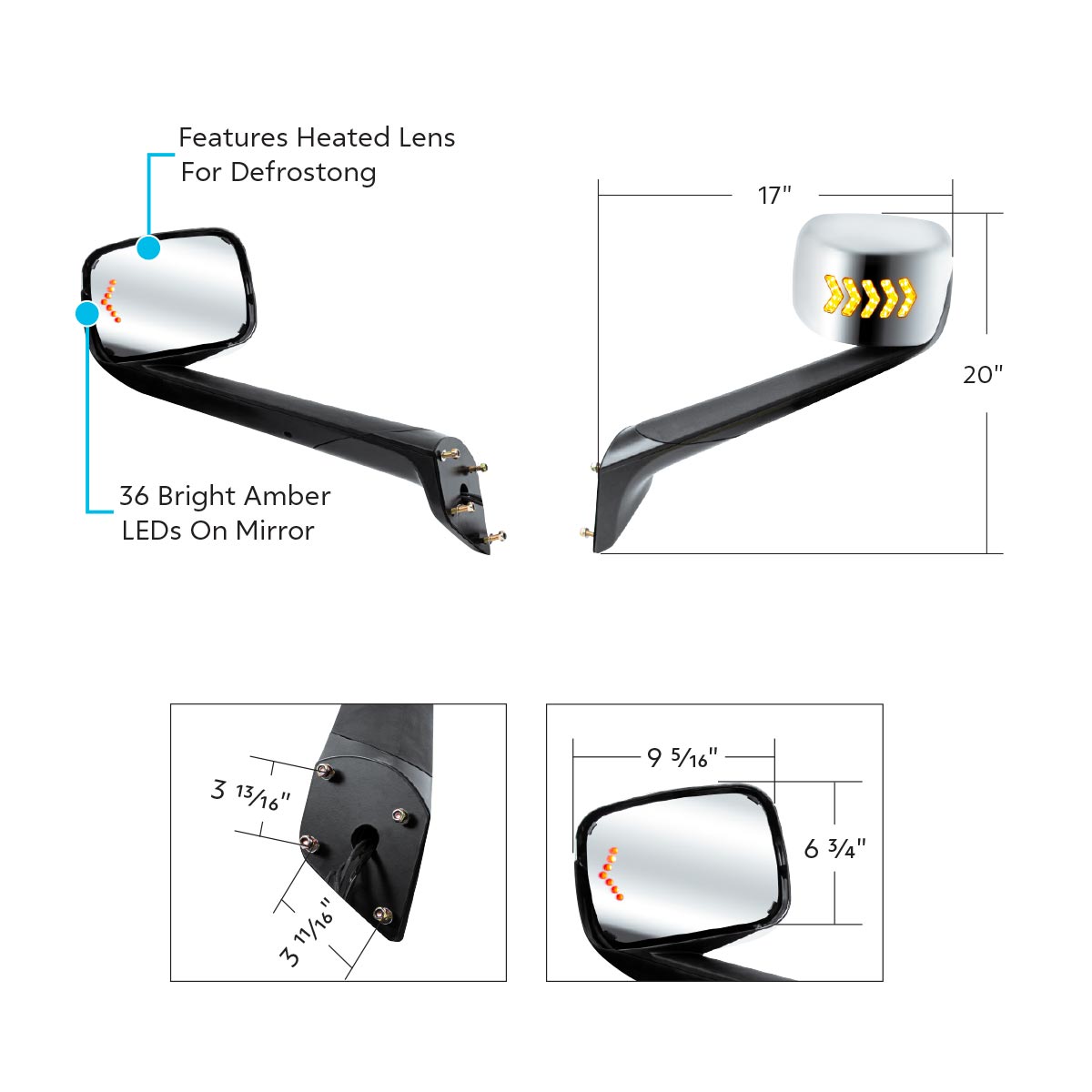 Hood Mirror Assembly W/LED Lights On Mirror Cover & Glass For 2018-2025 Cascadia - Heated/Driver - Thumbnail 8