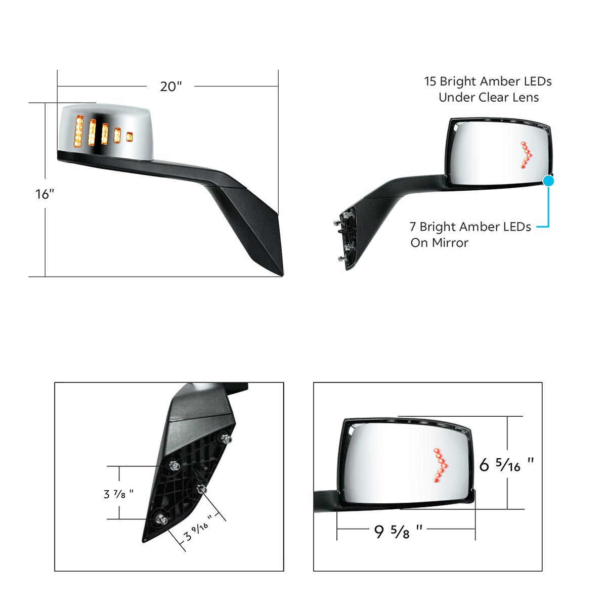 Hood Mirror Assembly W/LED Lights On Mirror Cover & Glass For 2018-2024 Volvo VNL - Passenger - Thumbnail 10