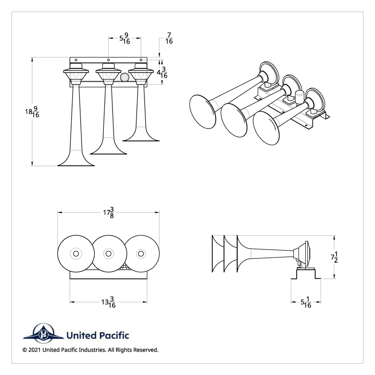 3 Trumpets Horizontal Chrome Train Horn - Left - Thumbnail 4