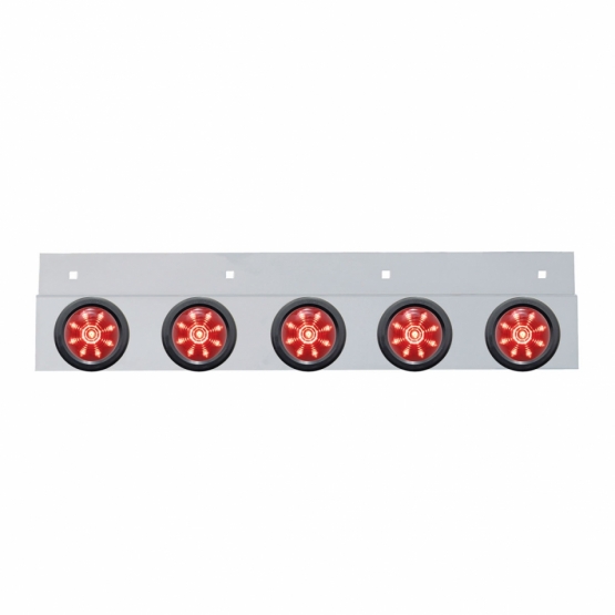 Stainless Top Mud Flap Plate With 5X 9 LED 2" Beehive Lights & Grommets - Red LED/Red Lens (Each)