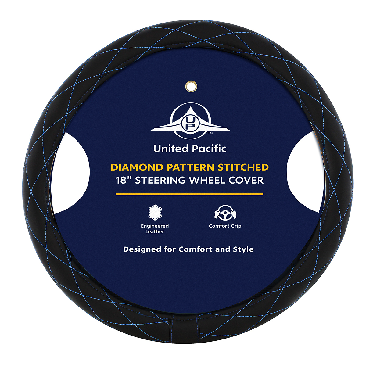 18" Crystal Stitched Leather Steering Wheel Cover - Blue Stitching - Thumbnail 4