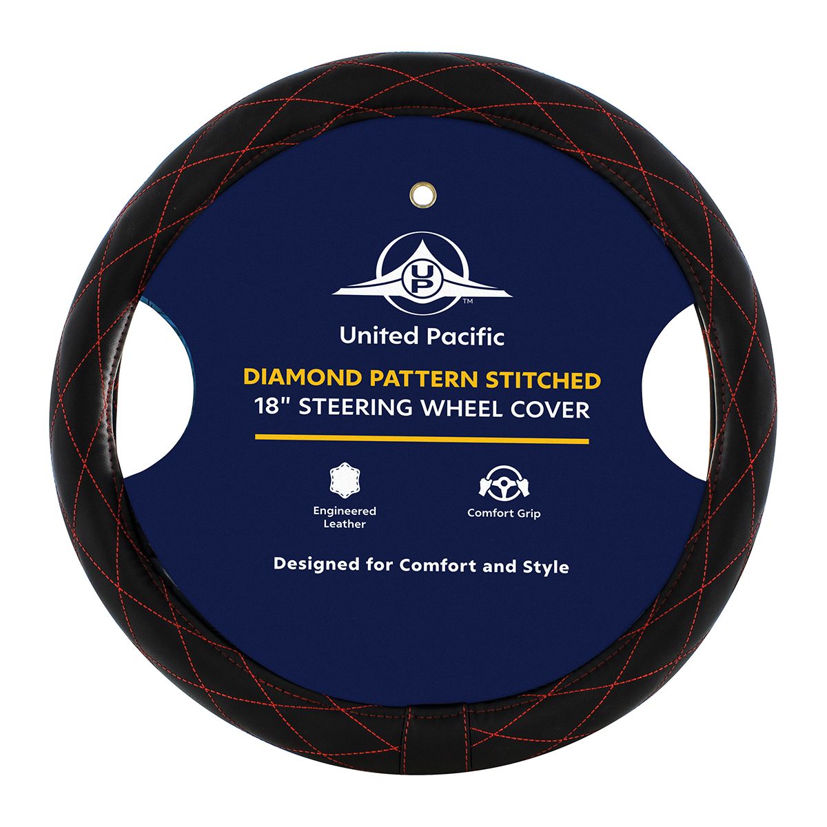 18" Crystal Stitched Leather Steering Wheel Cover - Red Stitching