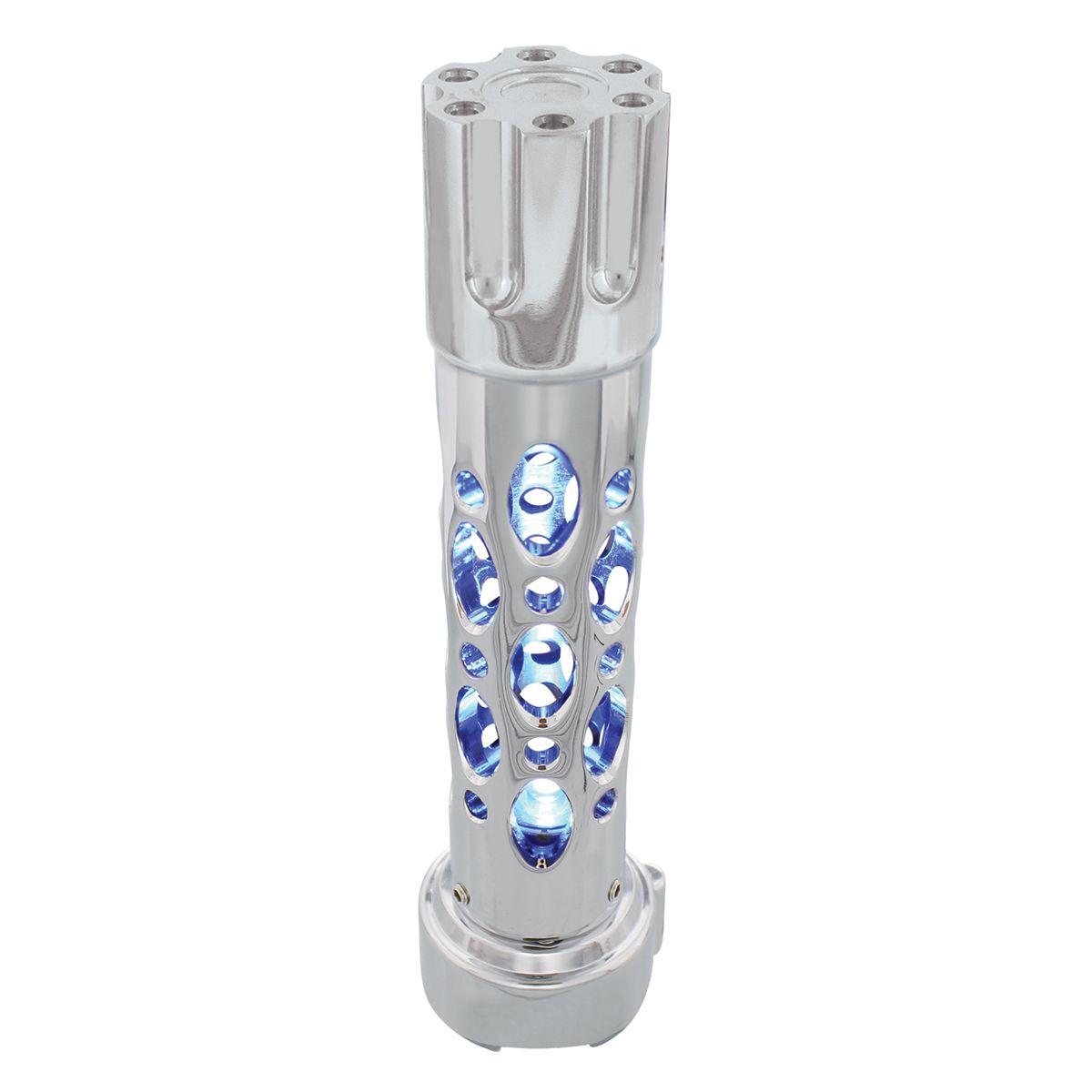 Austin Style Gun Cylinder Gearshift Knob With LED 9/10 Speed Adapter - Chrome/Blue LED