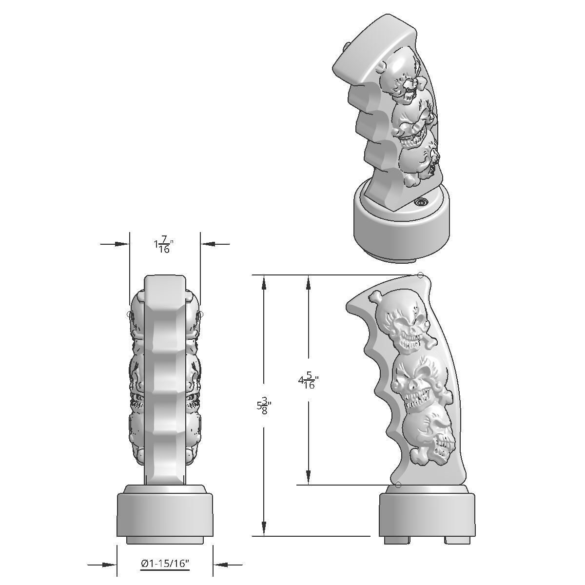 Thread-On Skulls Pistol Grip Gearshift Knob With Chrome 9/10 Speed Adapter - Indigo Blue With Chrome Skulls - Thumbnail 6