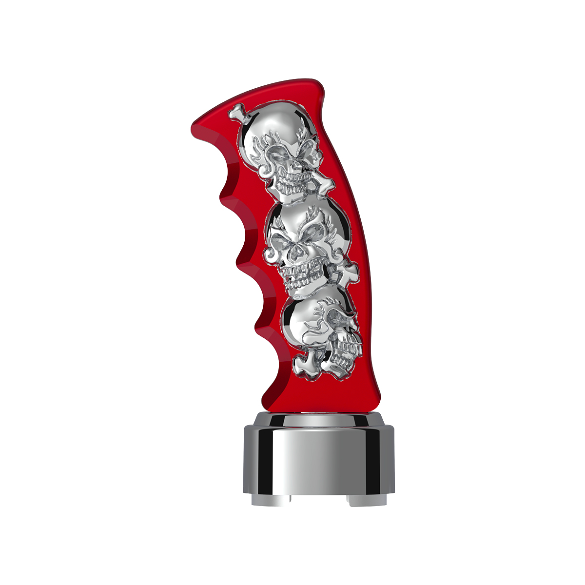 Thread-On Skulls Pistol Grip Gearshift Knob With Chrome 9/10 Speed Adapter - Candy Red With Chrome Skulls - Thumbnail 2