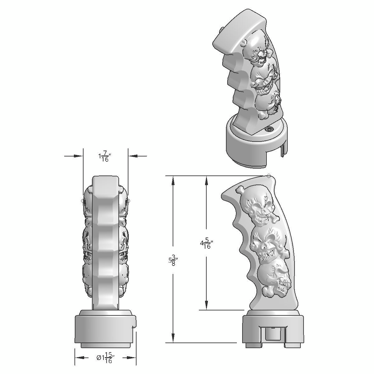 Thread-On Skulls Pistol Grip Gearshift Knob With 13/15/18 Speed Adapter - Candy Red/Chrome - Thumbnail 8