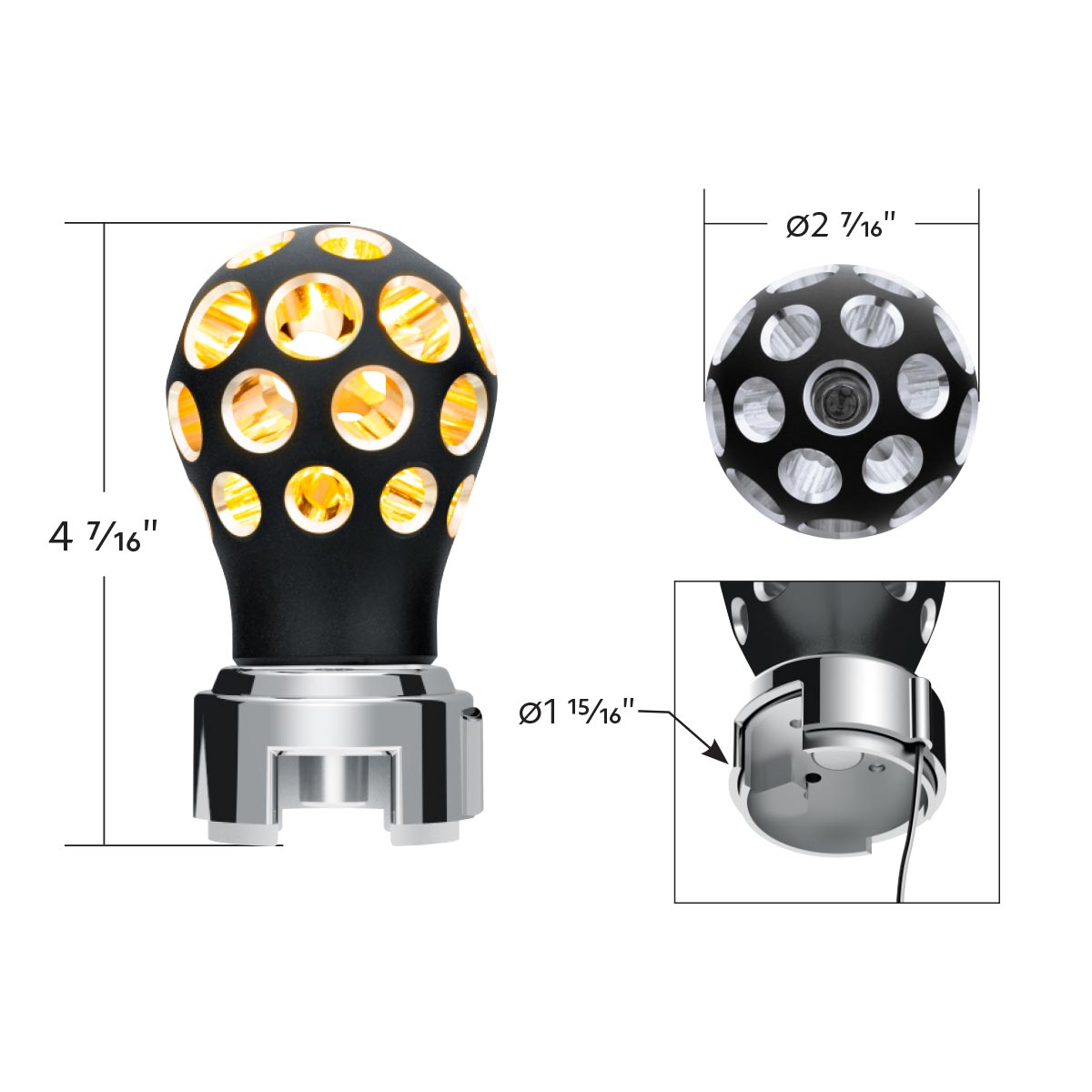 Thread-On Matte Black Phoenix Style Ball Gearshift Knob With LED 13/15/18 Speed Adapter-Amber LED - Thumbnail 9