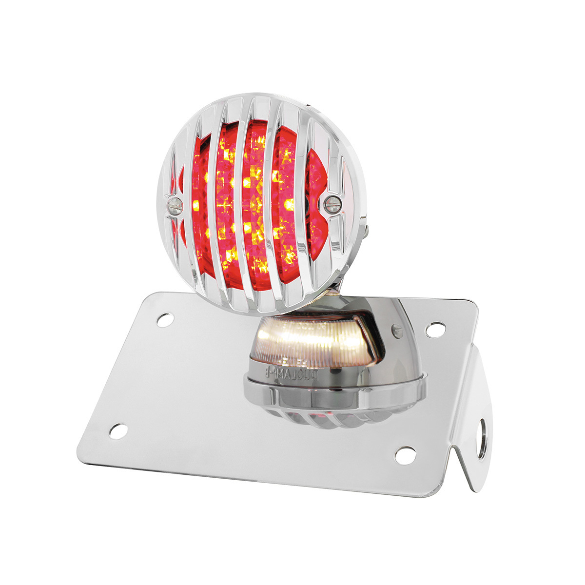 Motorcycle LED "Bobber" Style Horizontal Tail Light With Chrome Grille Bezel-Red Lens - Thumbnail 7