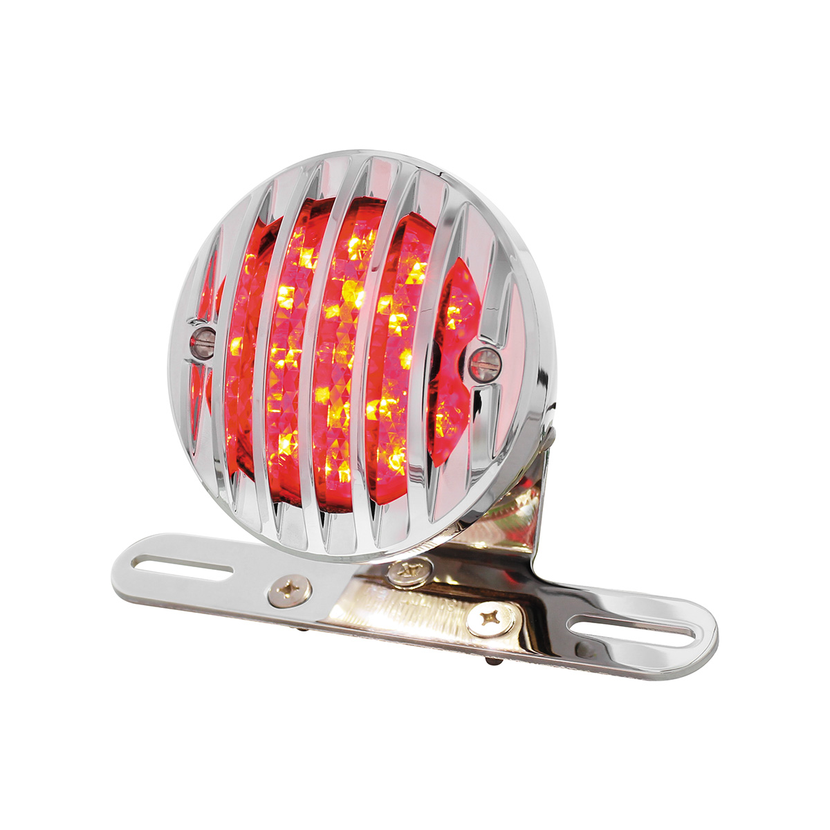 Motorcycle LED Rear Fender Tail Light With Chrome Grille Bezel - Red Lens - Thumbnail 3