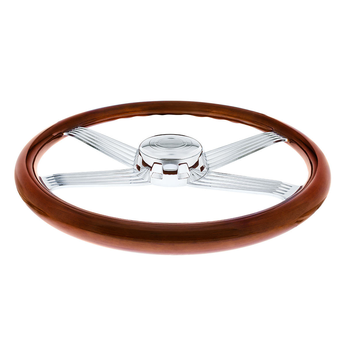 18" Chrome 4 Spoke With Wire Cutout Steering Wheel With Horn Bezel & Button-Wood Grain - Thumbnail 2