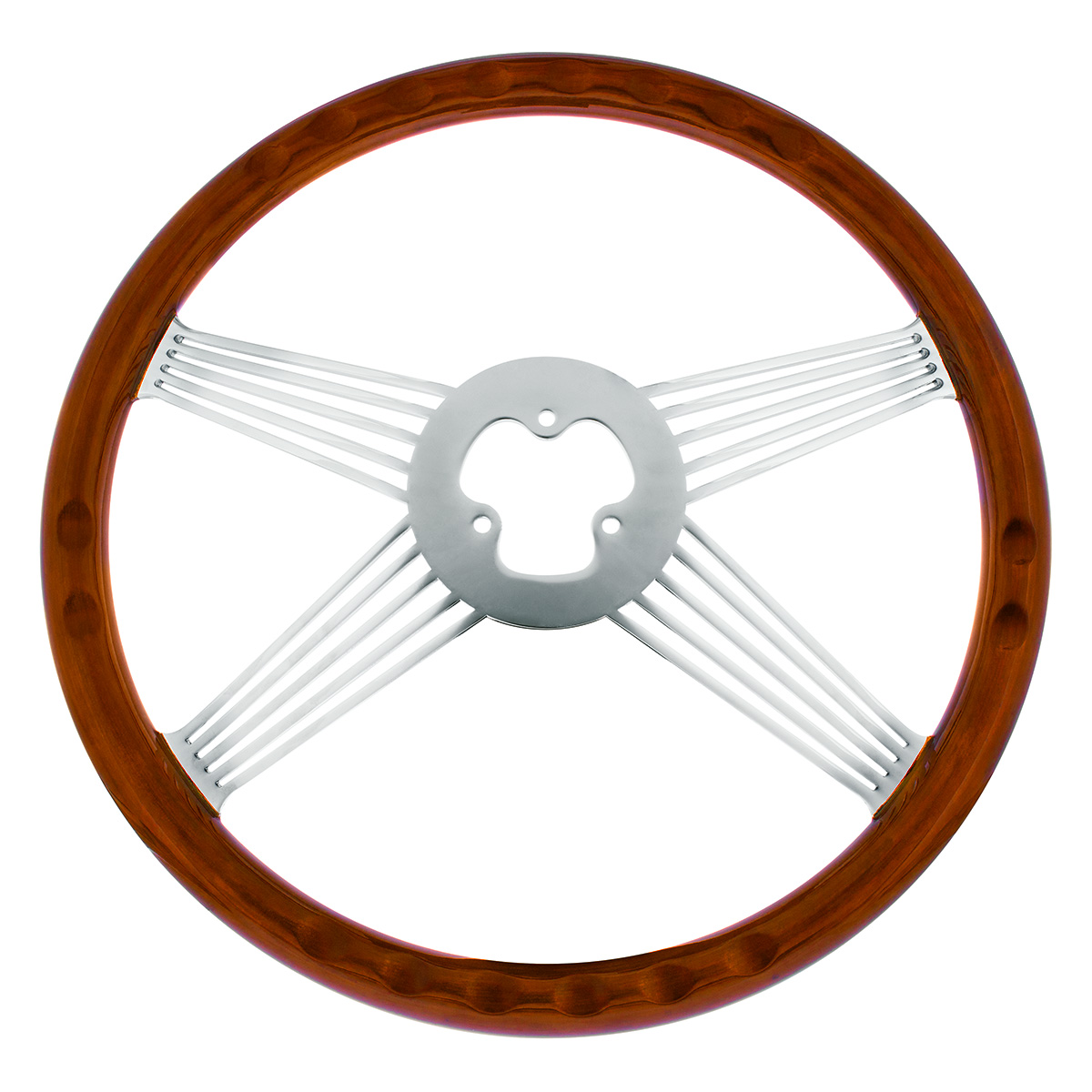 18" Chrome 4 Spoke With Wire Cutout Steering Wheel With Horn Bezel & Button-Wood Grain - Thumbnail 4