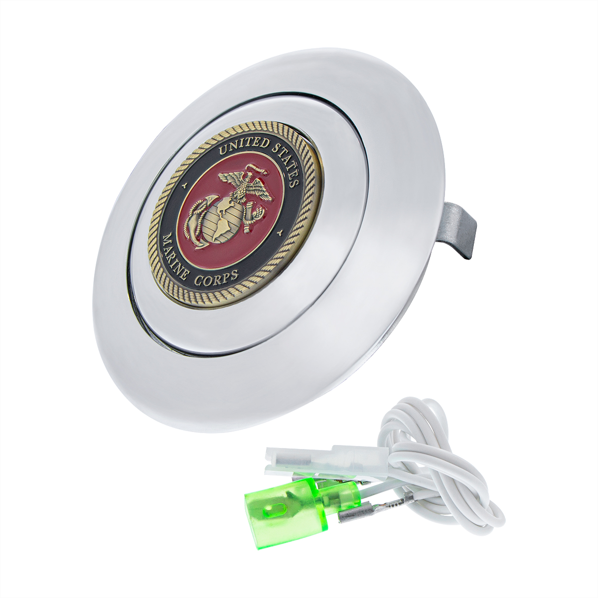 Chrome Aluminum Steering Wheel Horn Button With Metal Medallion, US Marine Corps