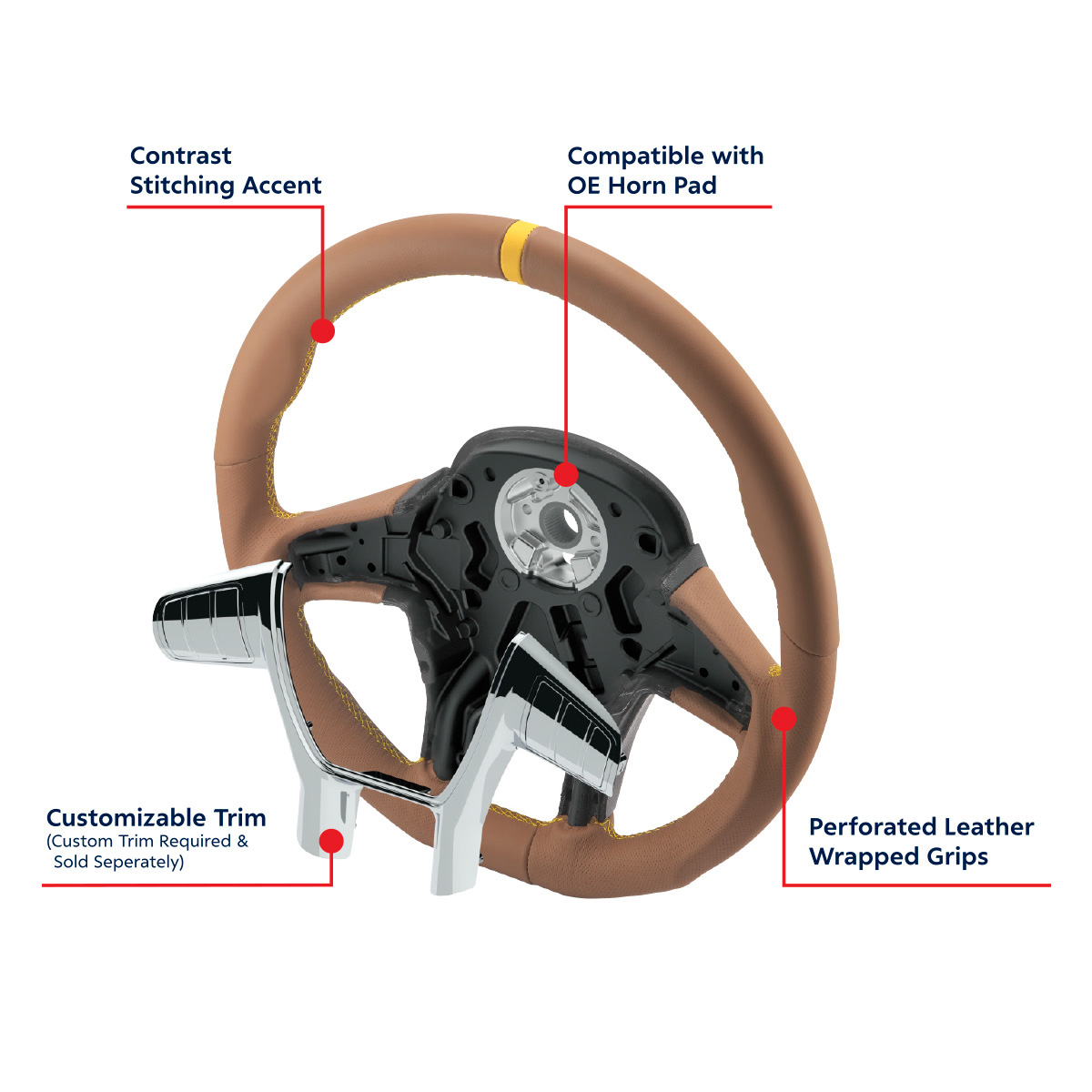 18" YourGrip GT PRO Leather Steering Wheel For 2012-2021 Peterbilt 579 & 2013-2021 Kenworth T680-Brown - Thumbnail 7