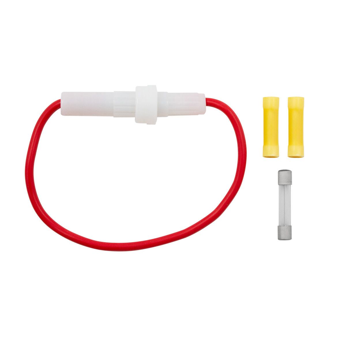In-Line Glass Fuseholder 12 AWG 6.5" Wire w / (1)20 Amp AGC Fuse & (2)Vinyl Terminals, 1 Set.