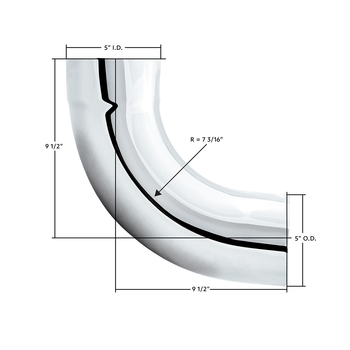 Chrome 90 Degree Exhaust Expanded Elbow, 5" I.D. To 5" O.D. - 12" X 12" - Thumbnail 2