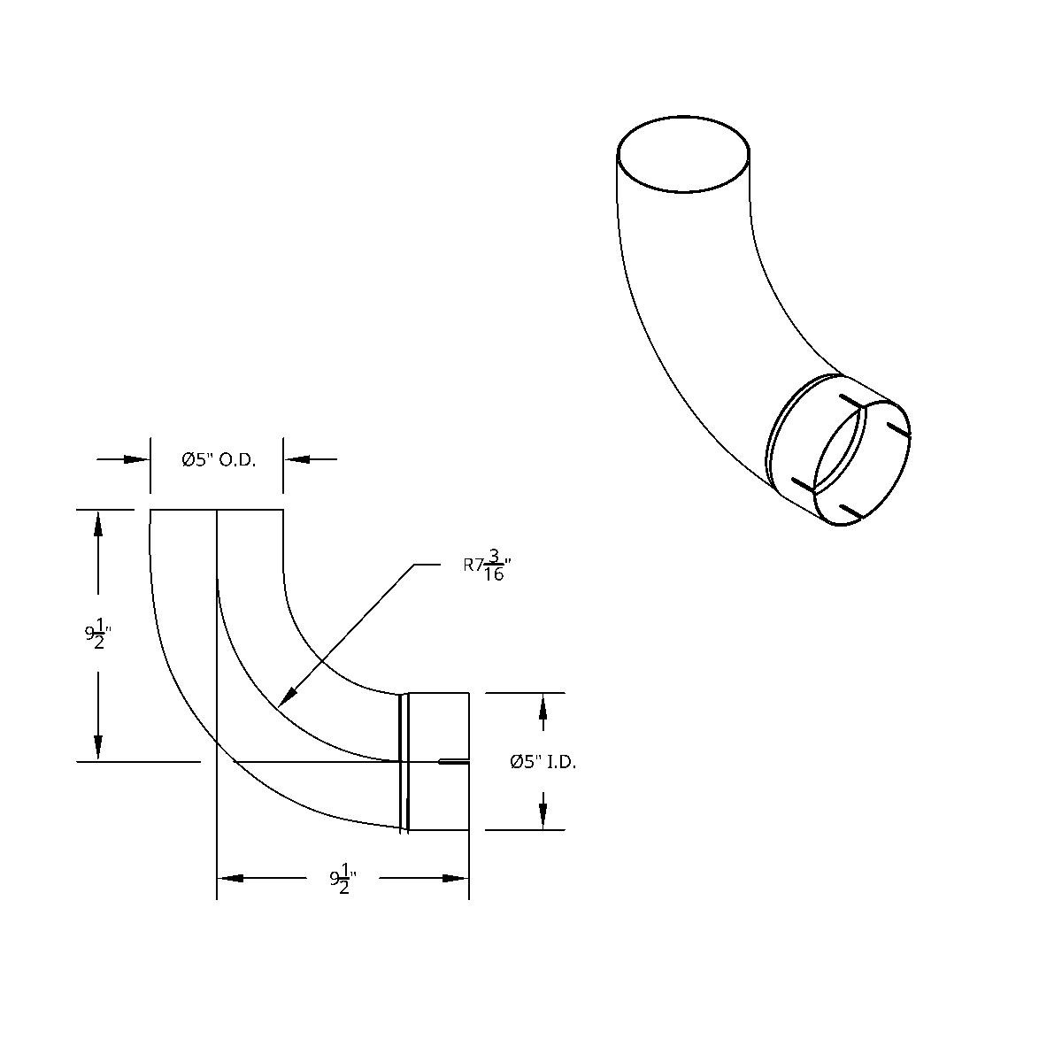 Chrome 90 Degree Exhaust Expanded Elbow, 5" I.D. To 5" O.D. - 12" X 12" - Thumbnail 3