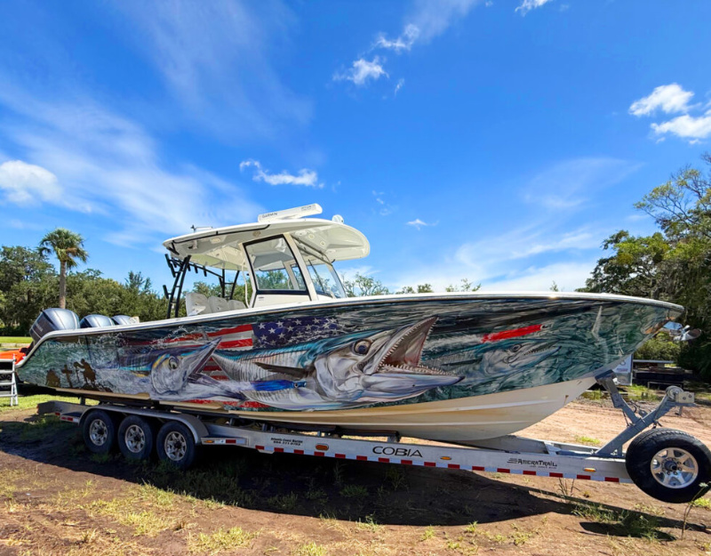 Detail shot of a marine vinyl wrap installation