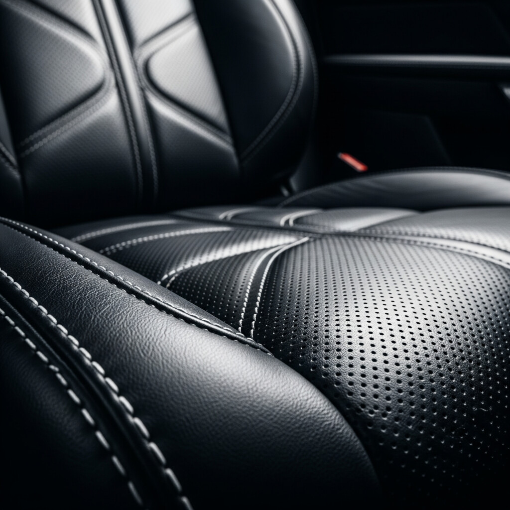 Technician cleaning a leather car seat with a brush